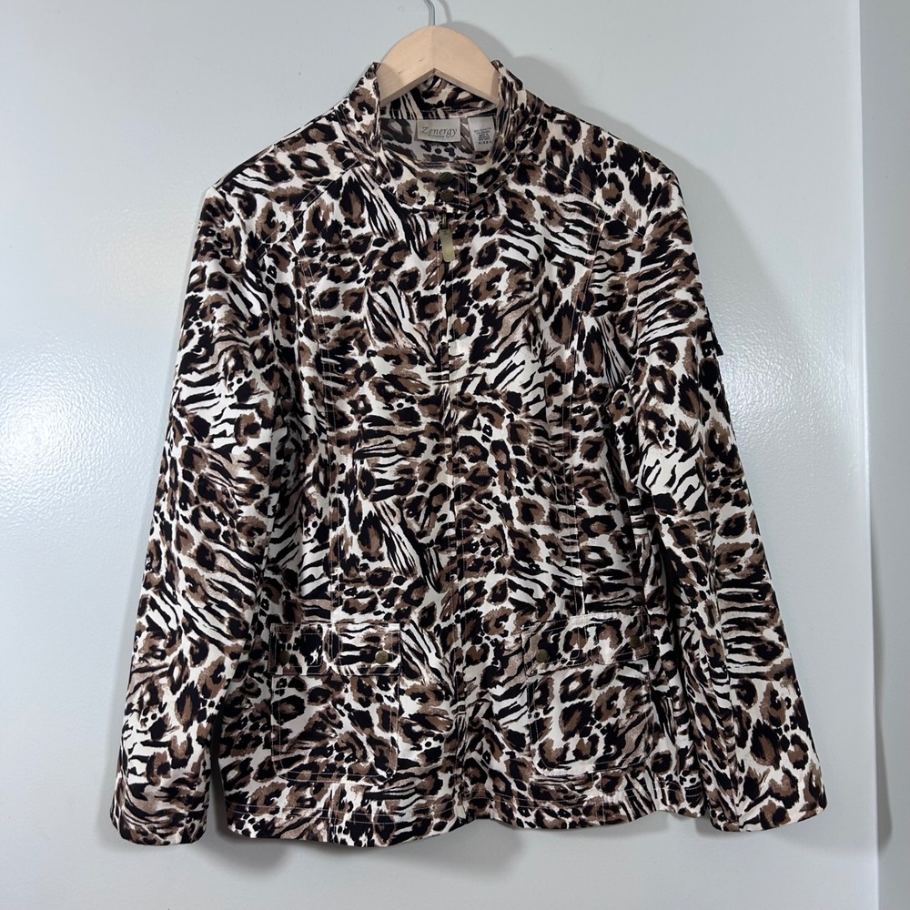 Zenergy by Chico's Animal Print Full Zip Jacket Brown White Size 2